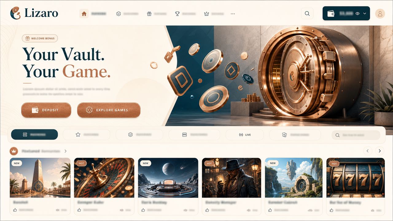 Lizaro casino homepage screenshot showing the header, hero banner and game tiles