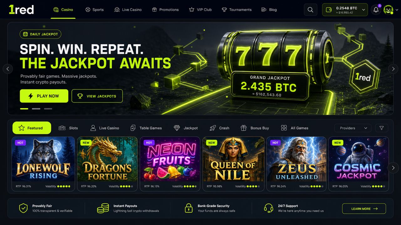 1red casino website homepage desktop screenshot showing lime green accents on dark background with game tiles and navigation
