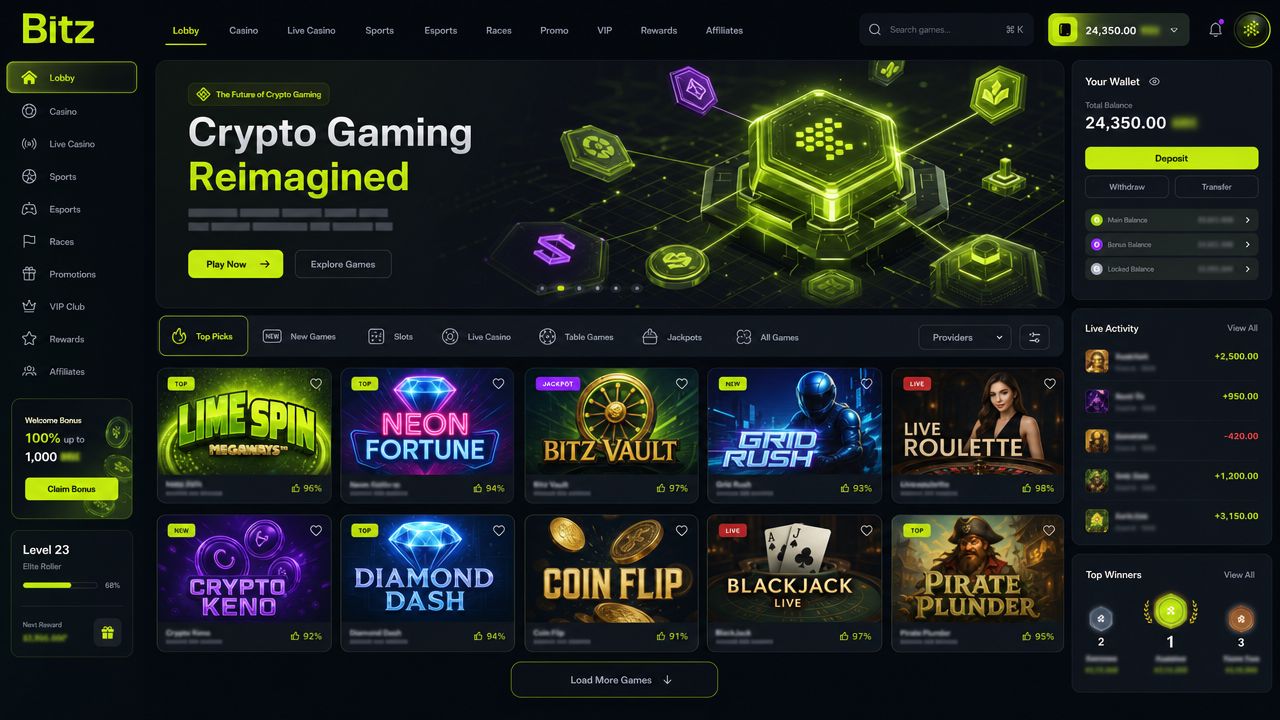 Bitz crypto casino desktop interface with lime-green and charcoal colour scheme, showing a game tile grid and wallet widget