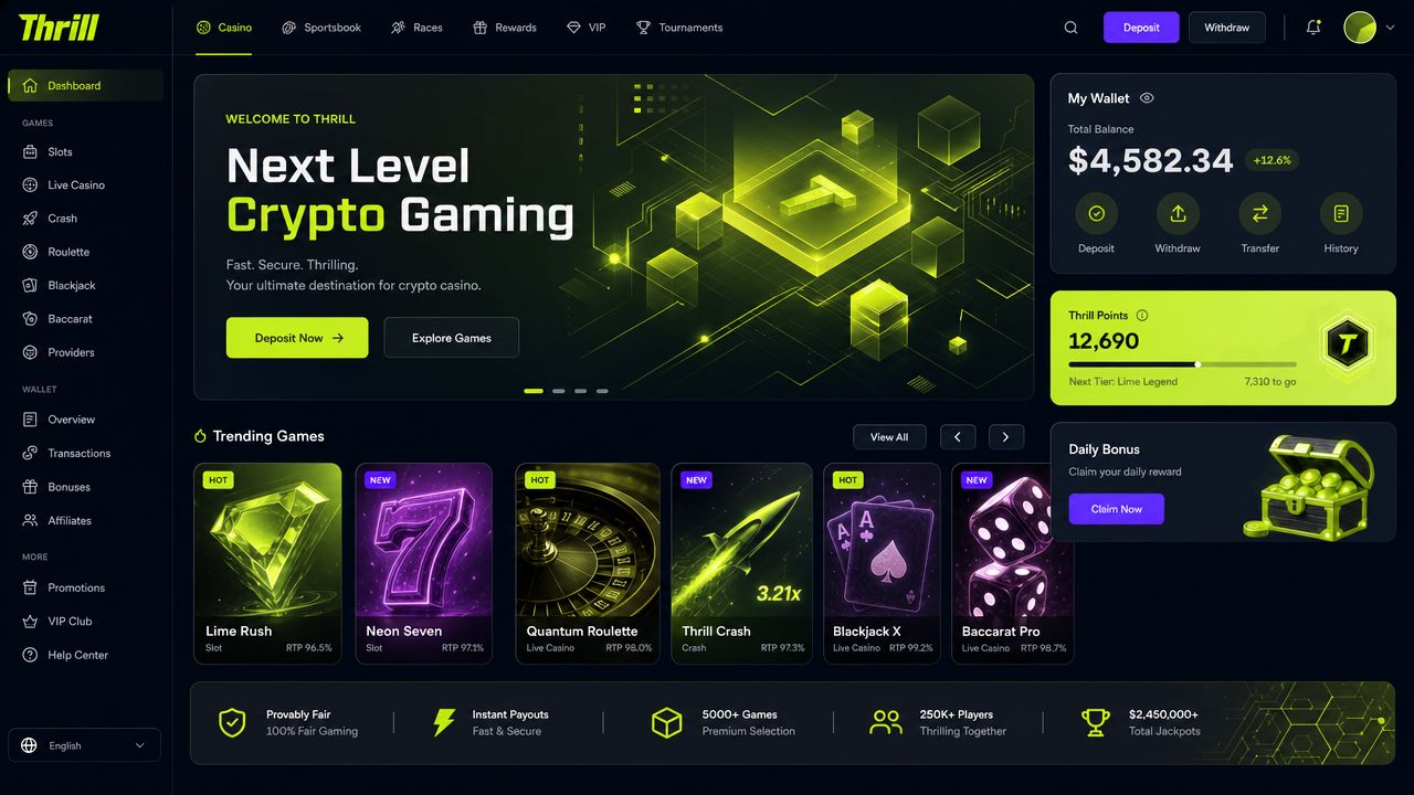 Thrill crypto casino desktop lobby with lime green and charcoal colour scheme, modular game card grid, and integrated sportsbook navigation panel