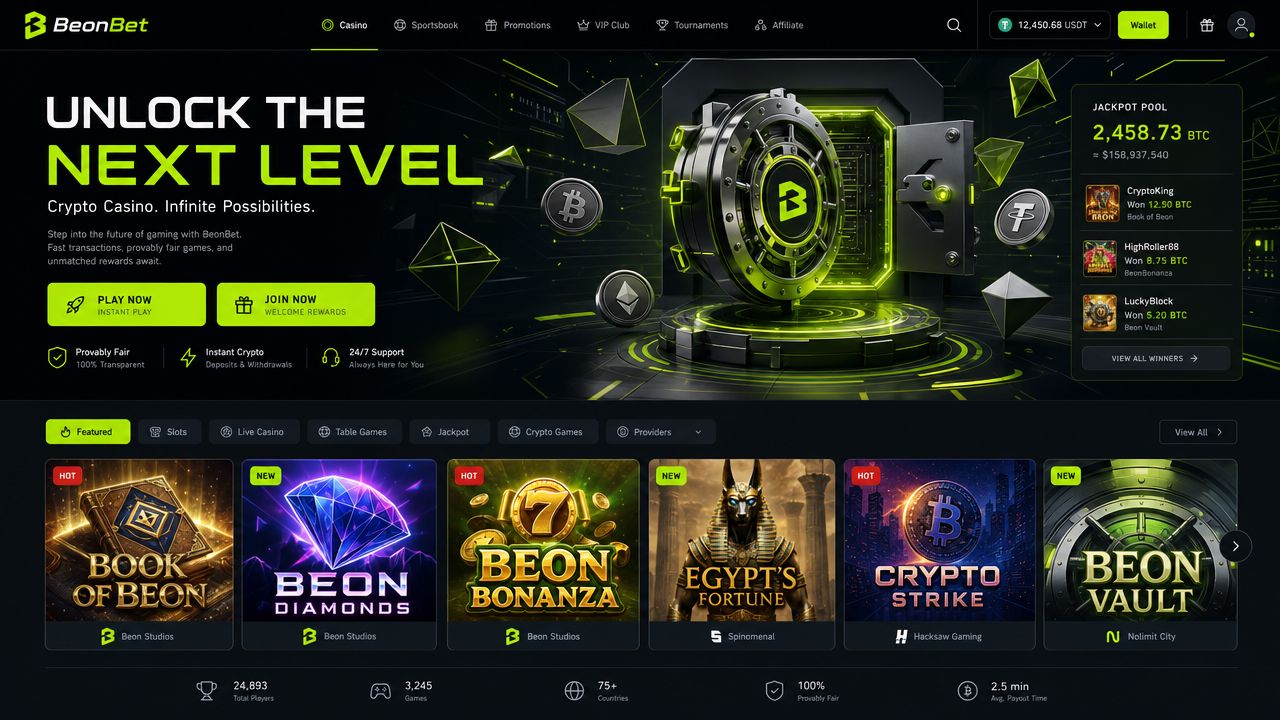 BeonBet casino desktop screenshot showing game lobby with slots, live casino and sportsbook navigation