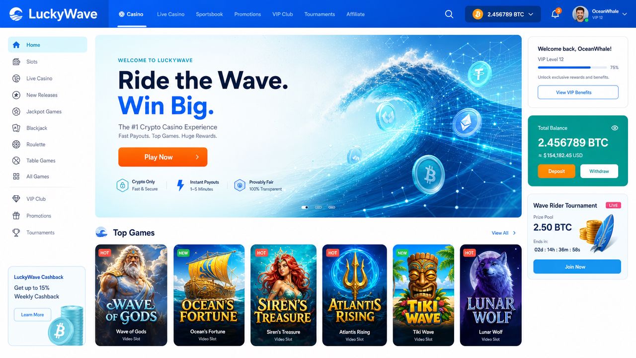 LuckyWave casino homepage showing slots, live casino and table game selection