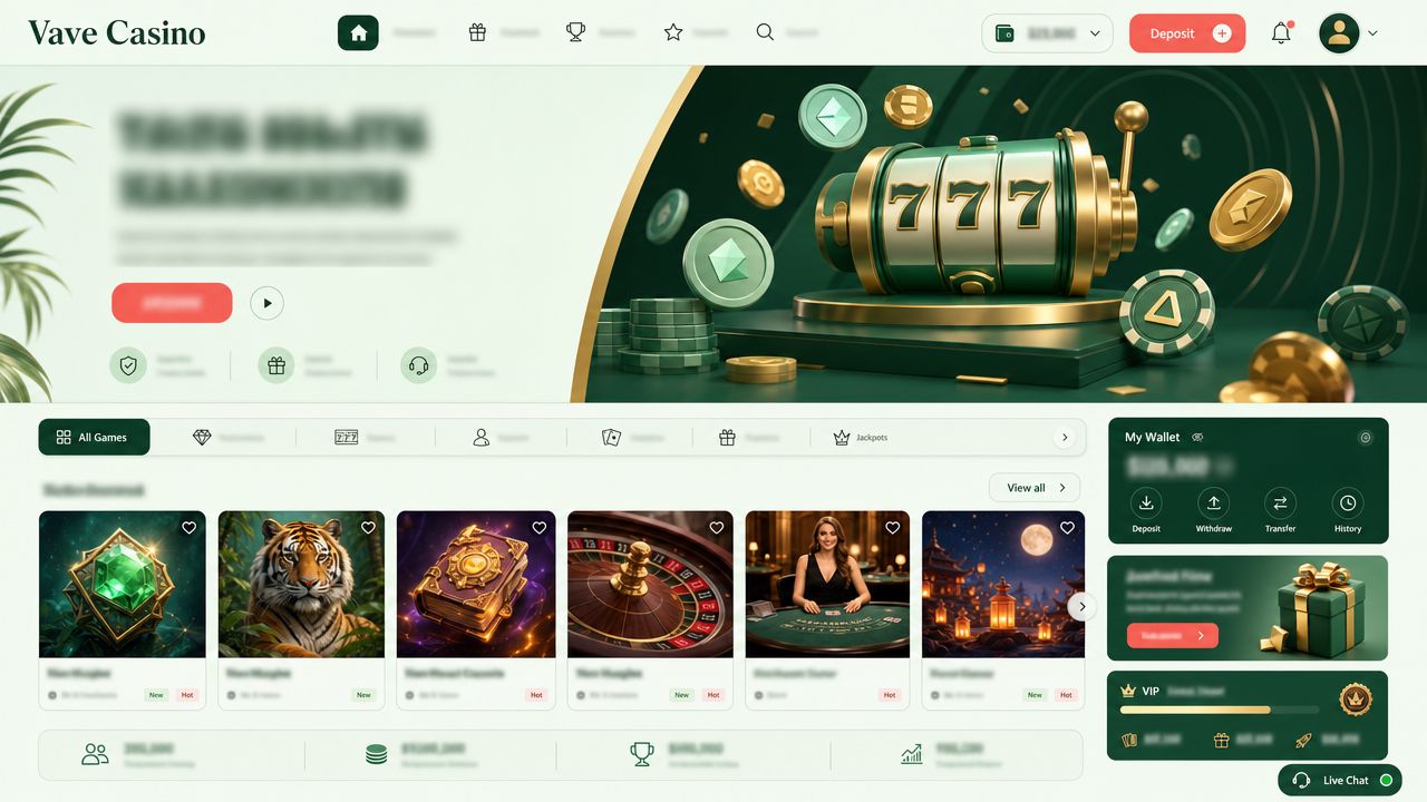 Vave Casino homepage showing game categories, slot tiles and crypto wallet layout