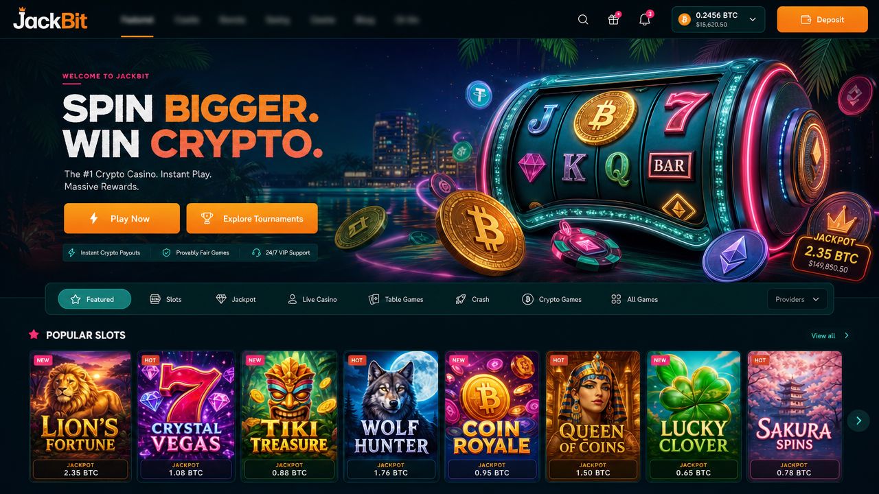 Jackbit desktop casino homepage showing crypto-fiat hybrid platform with Evolution live casino and integrated sportsbook