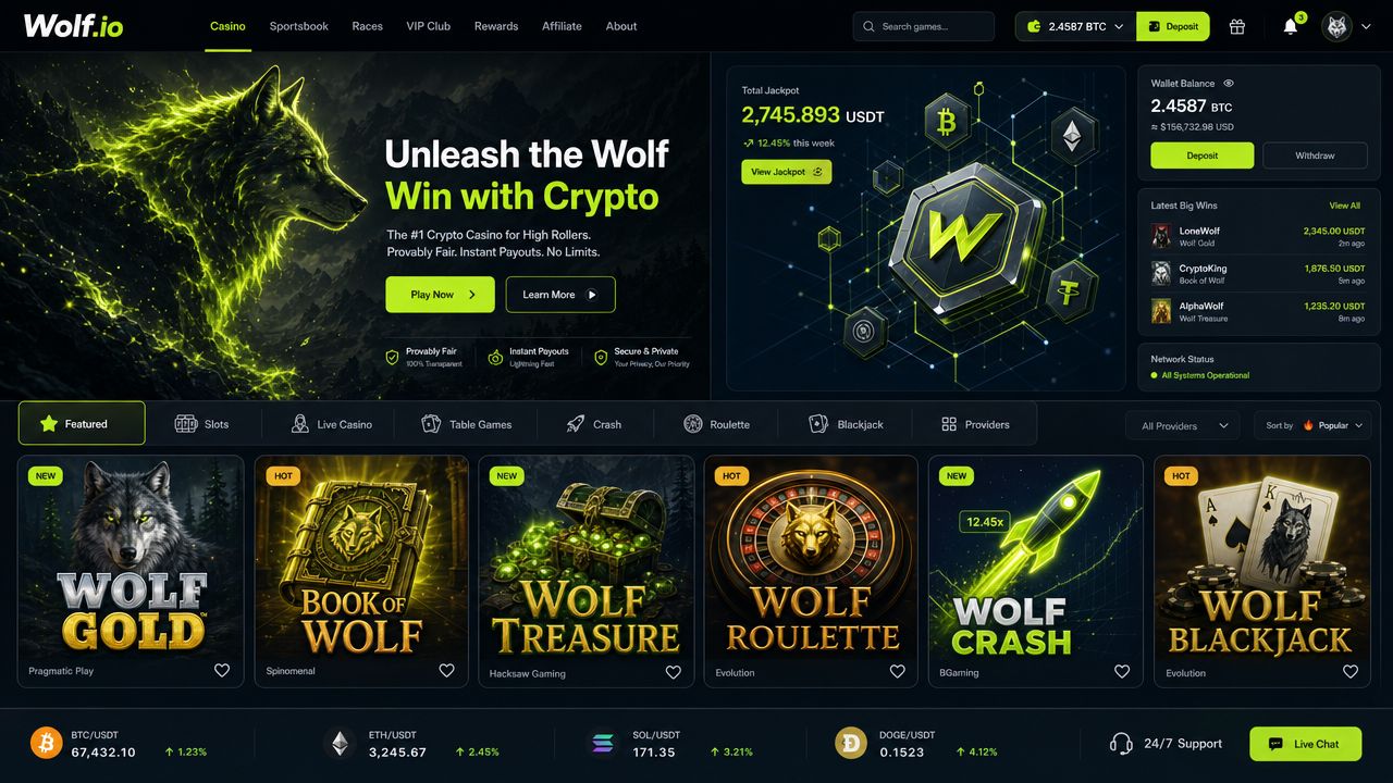 Wolf.io crypto casino desktop interface with dark charcoal theme, lime green accents, game tile grid, loyalty tiers panel, and sportsbook navigation bar