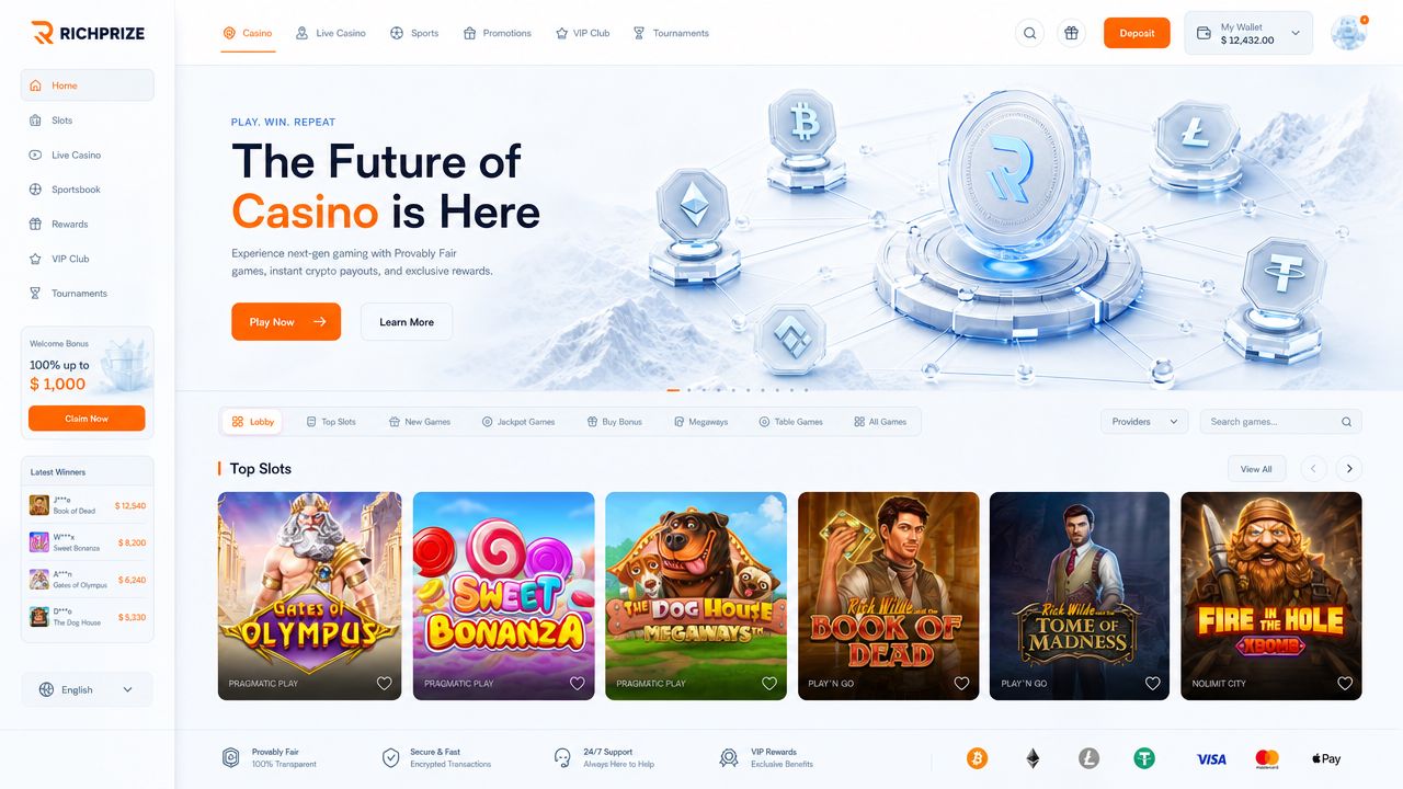 Richprize casino desktop interface showing slots, live casino and sportsbook sections