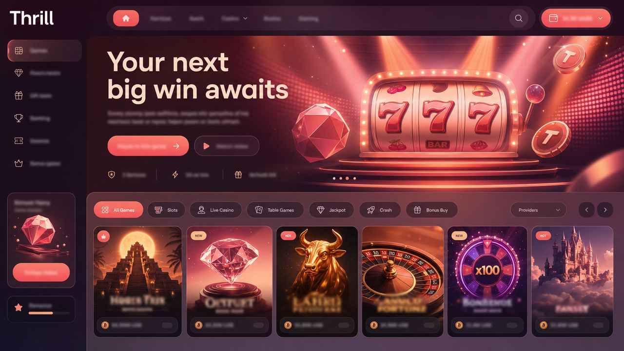 Thrill crypto casino homepage with game tiles, category tabs and wallet controls