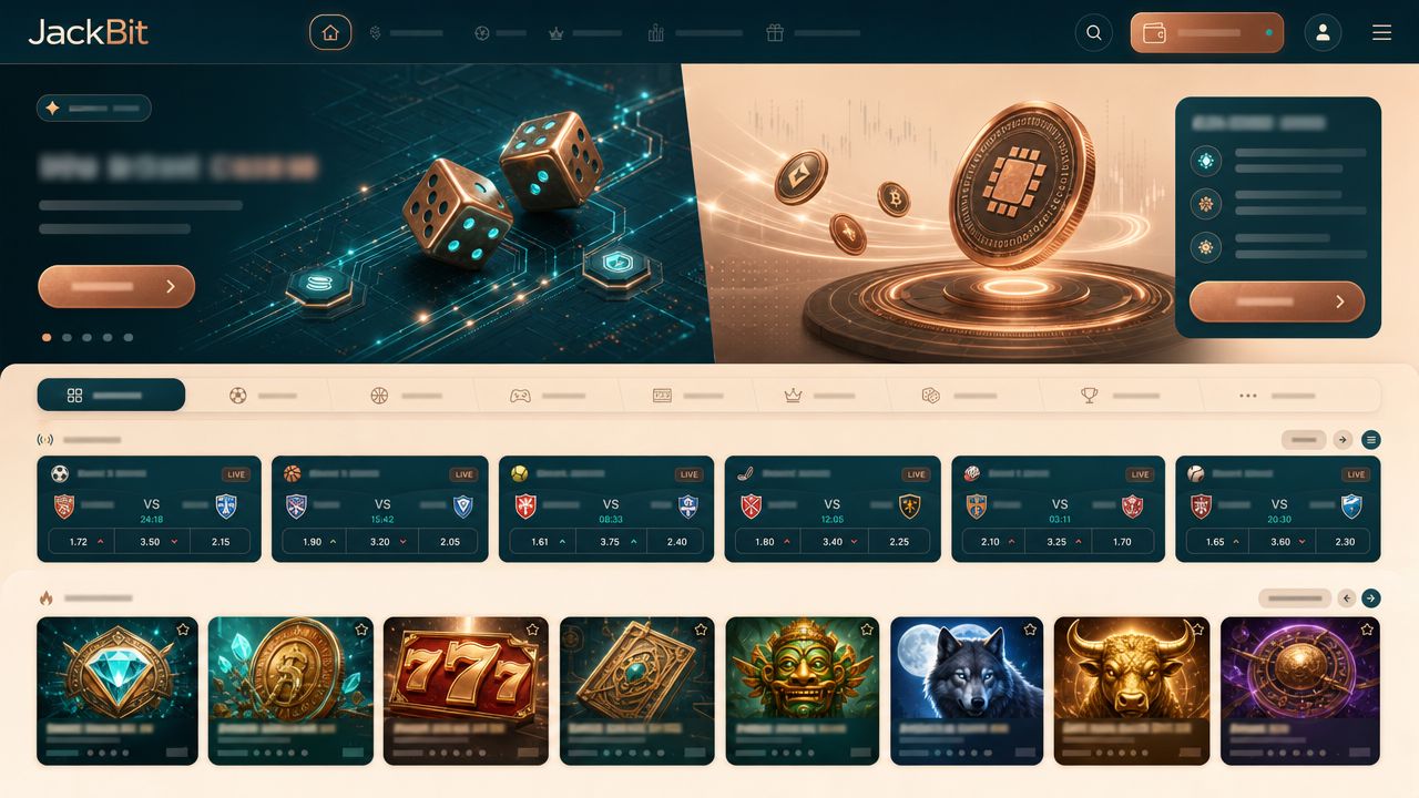 JackBit crypto casino homepage with sportsbook cards and slot tiles