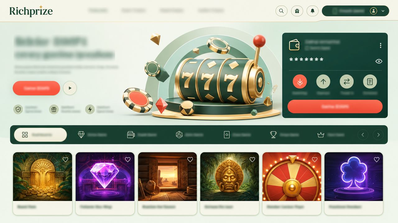 Richprize casino homepage with game tiles, category tabs and wallet widget
