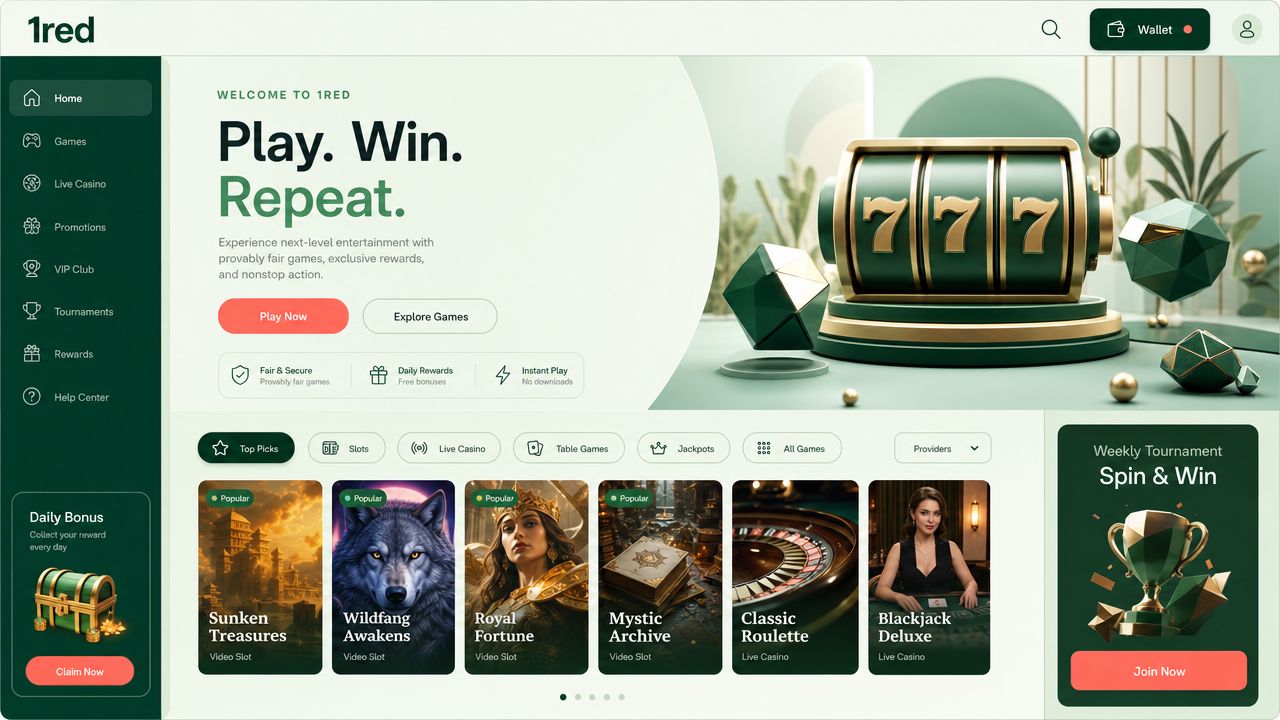 1red casino homepage with category tabs and game tiles