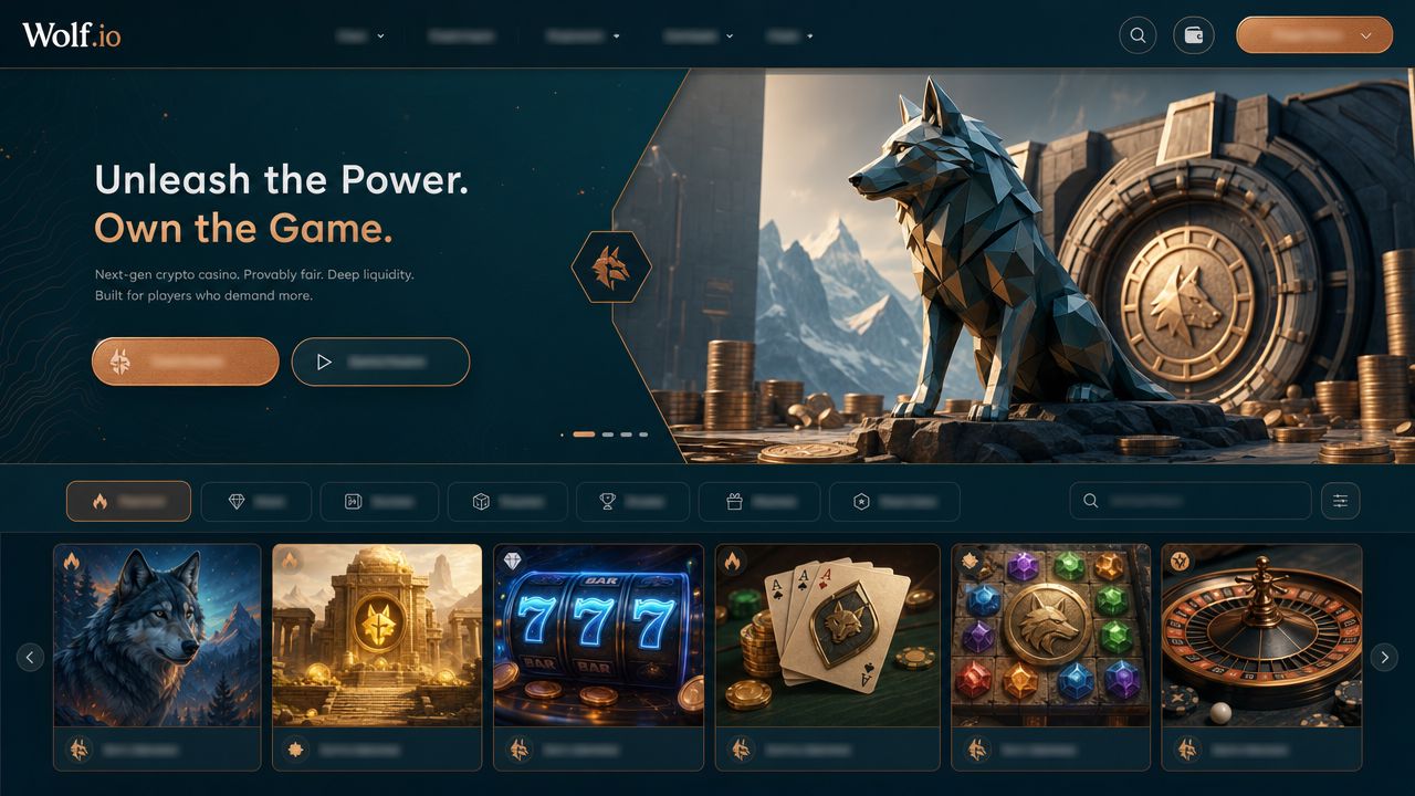 Wolf.io crypto casino homepage with low-poly wolf hero artwork and game tiles