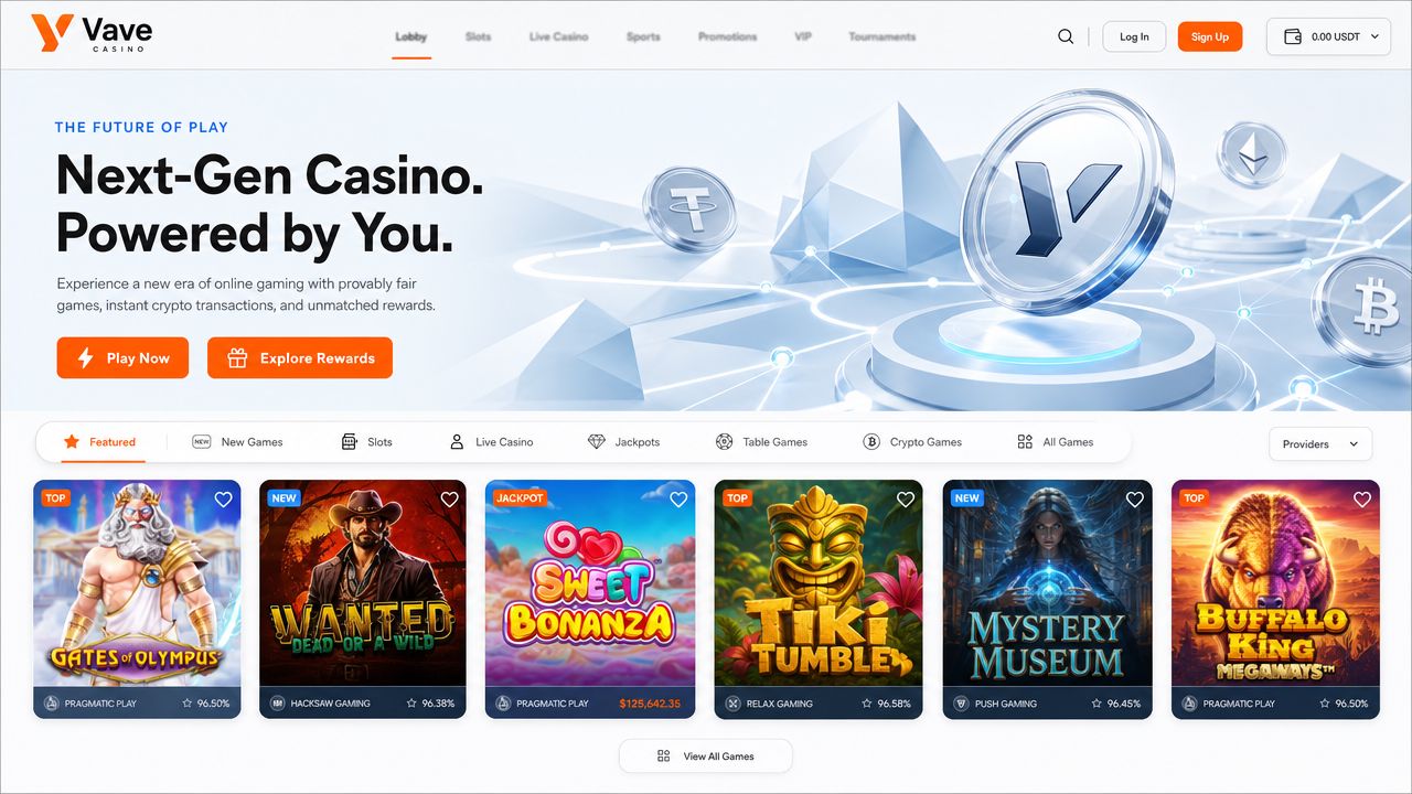 Vave Casino desktop interface showing game category tabs, slot card thumbnails, and a hero section in an Arctic minimalist design