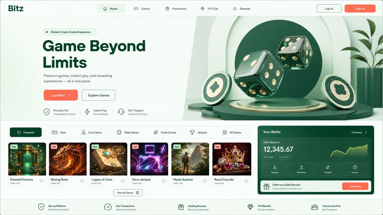 Bitz crypto casino homepage with game categories, slot tiles and wallet panel