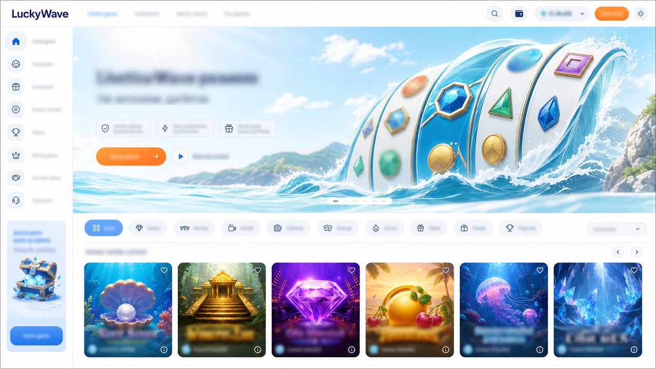 LuckyWave casino homepage showing game categories and slot tiles